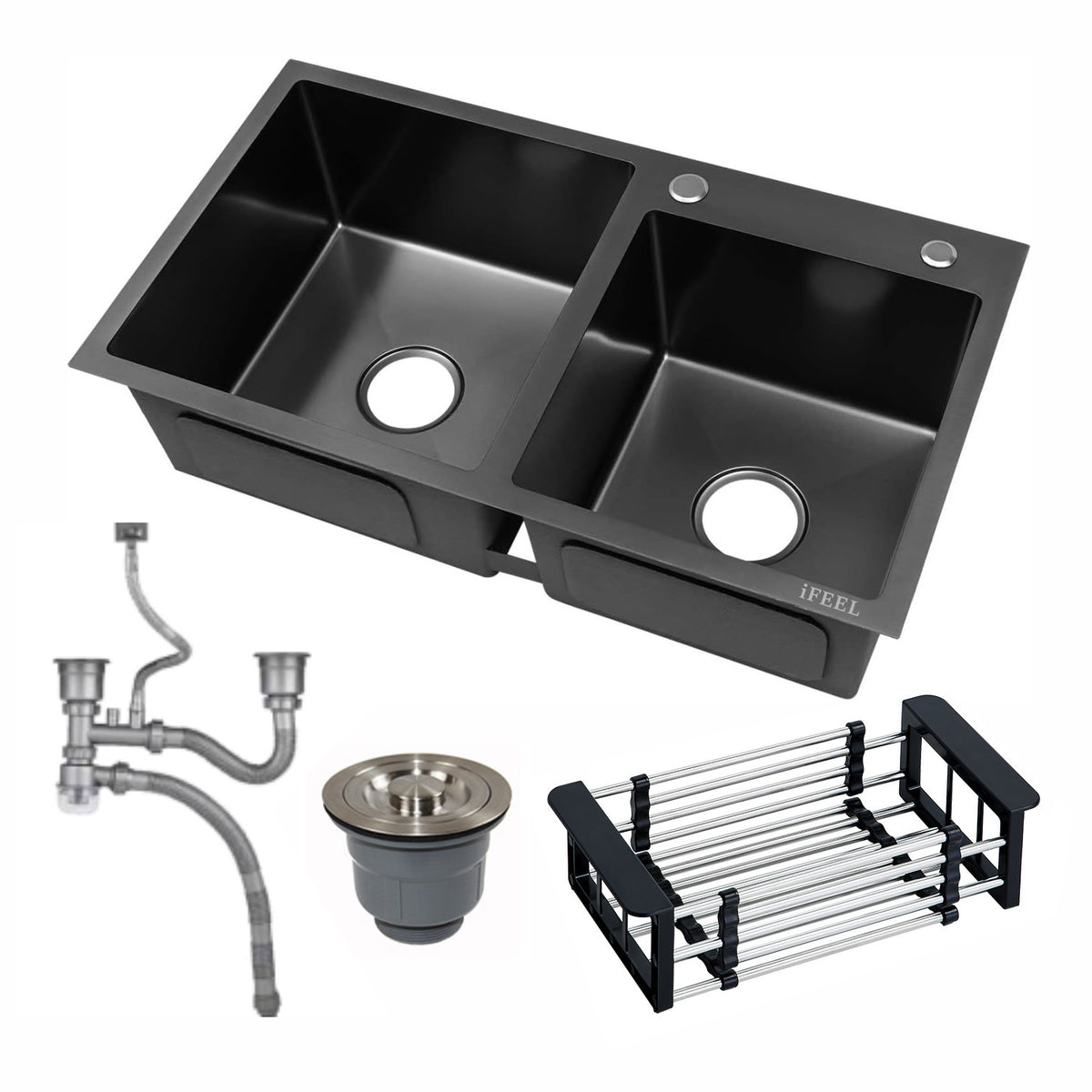 Double Bowl Kitchen Sink with Downspout and Drain Basket - 82x45x22