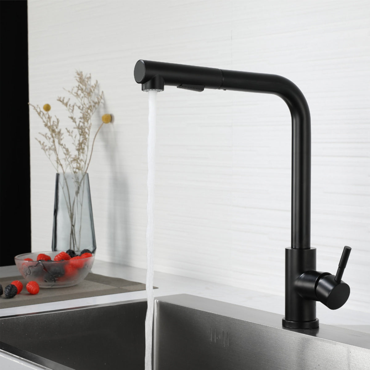 Black Kitchen Sink Tap with pull out spray fixture with button