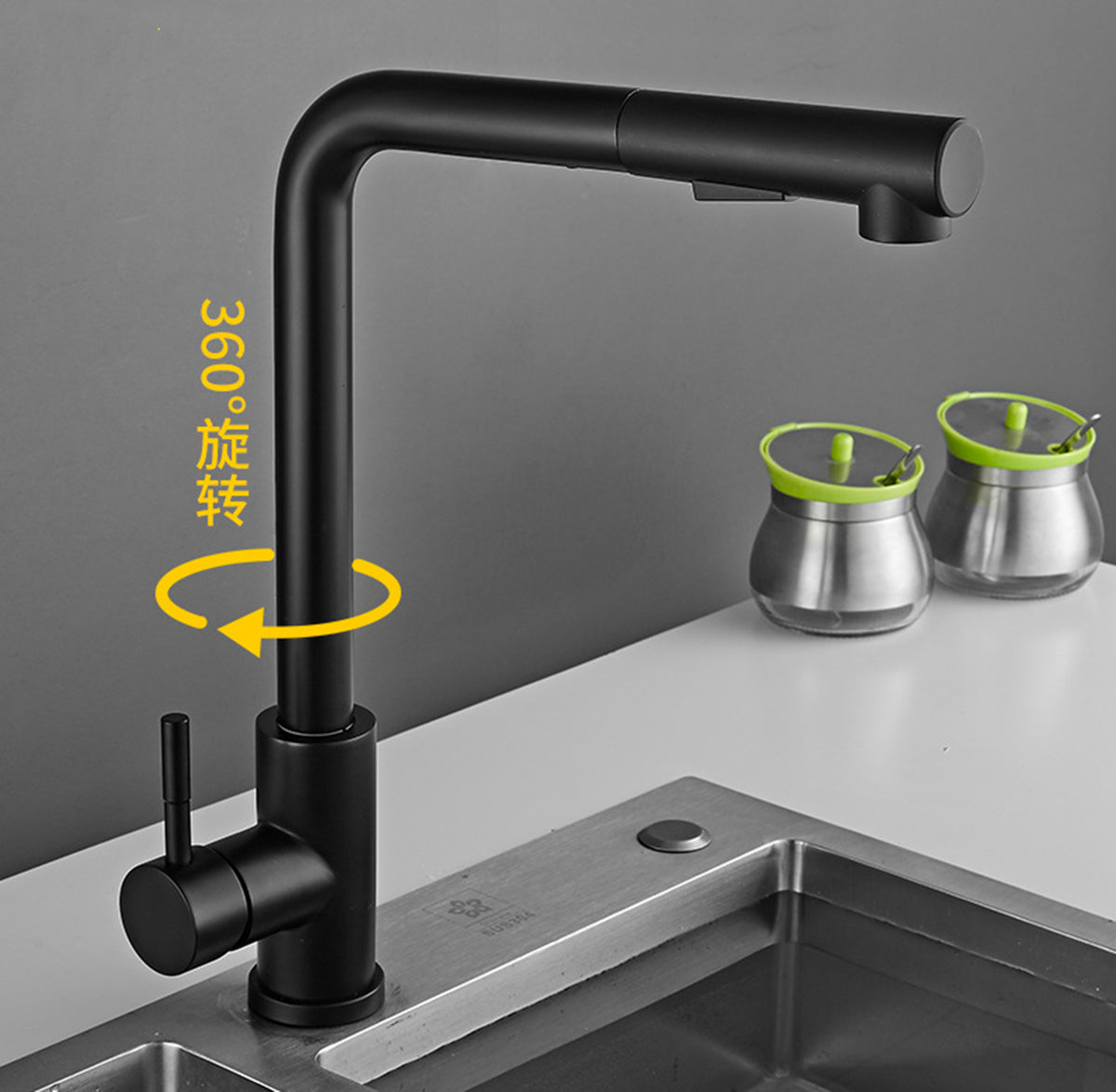 Black Kitchen Sink Tap with pull out spray fixture with button