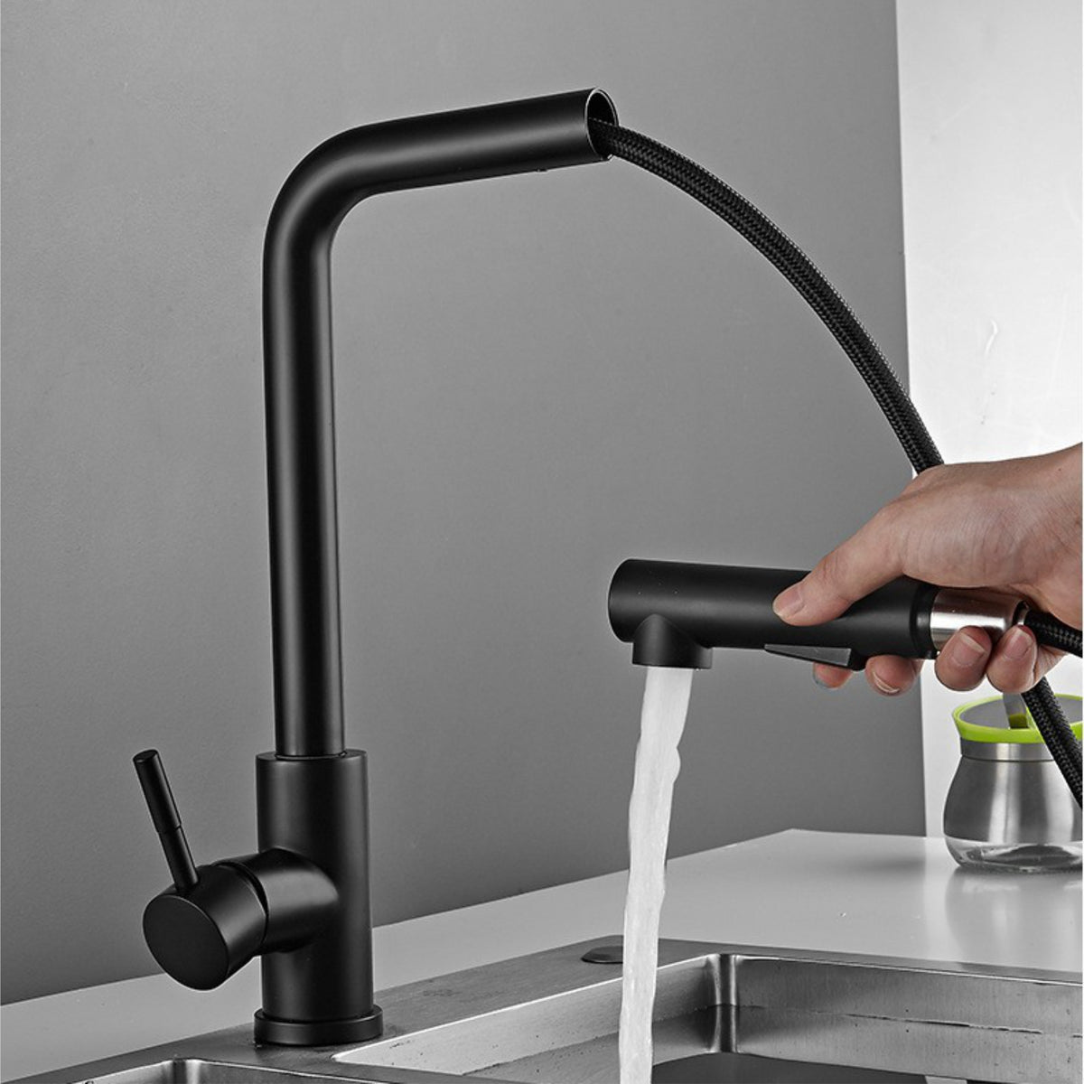 Black Kitchen Sink Tap with pull out spray fixture with button