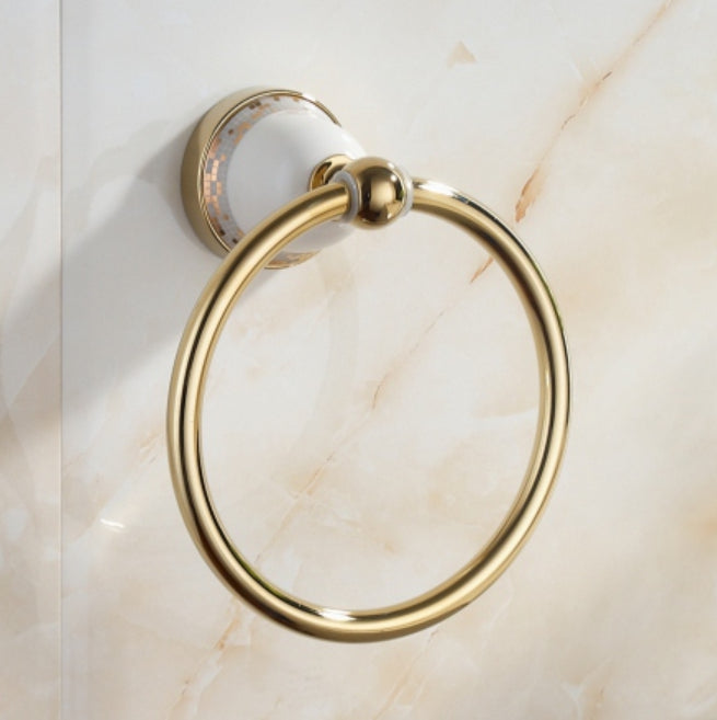 Gold Towel Ring With White Design Round Wall Fitting