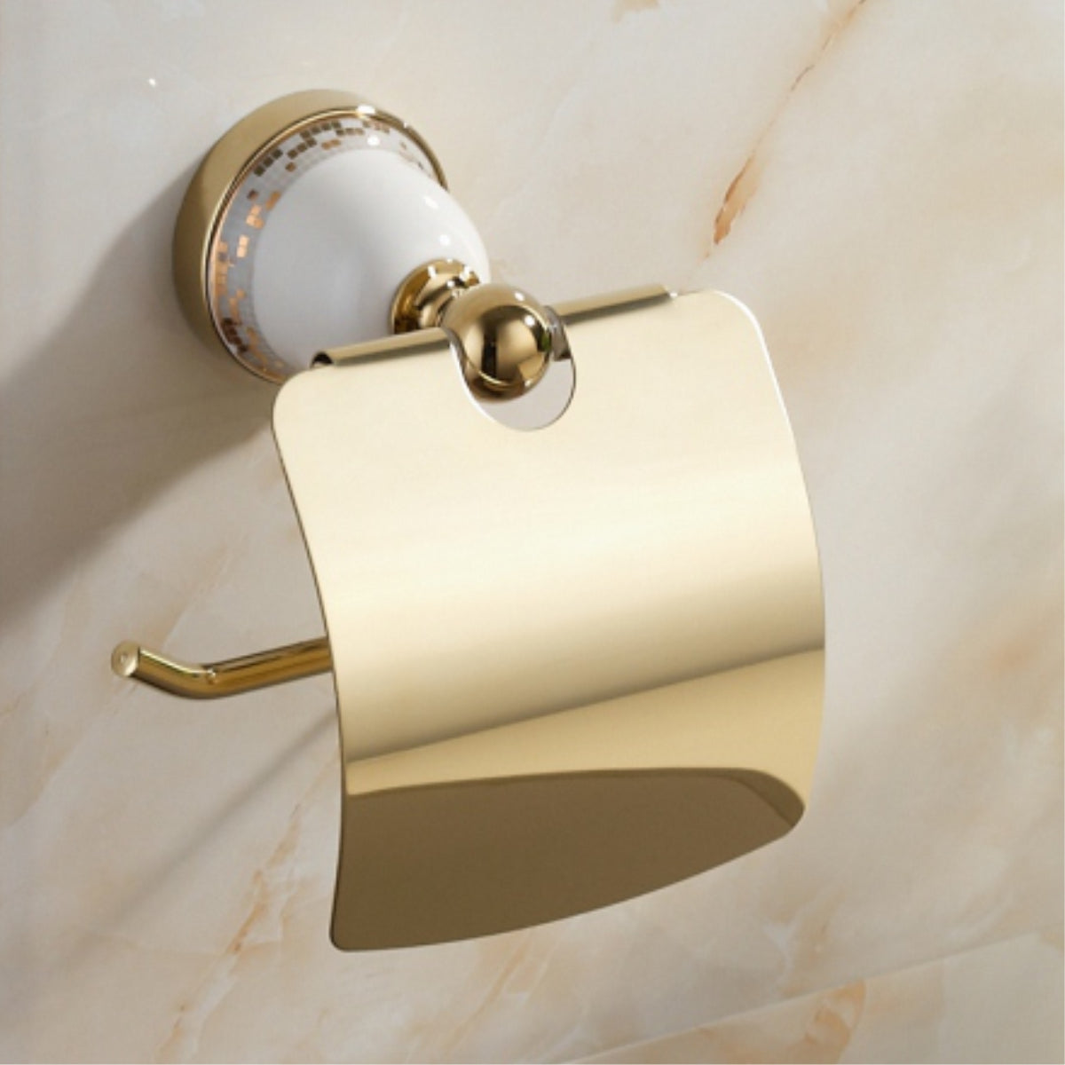 Gold Toilet Paper Holder With Cover and White Design Round Wall