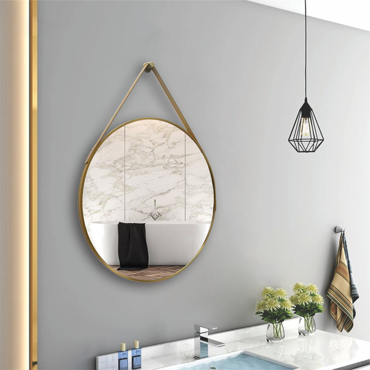 Gold frame round wall hanging strap Dress mirror 70cm decorative mirror
