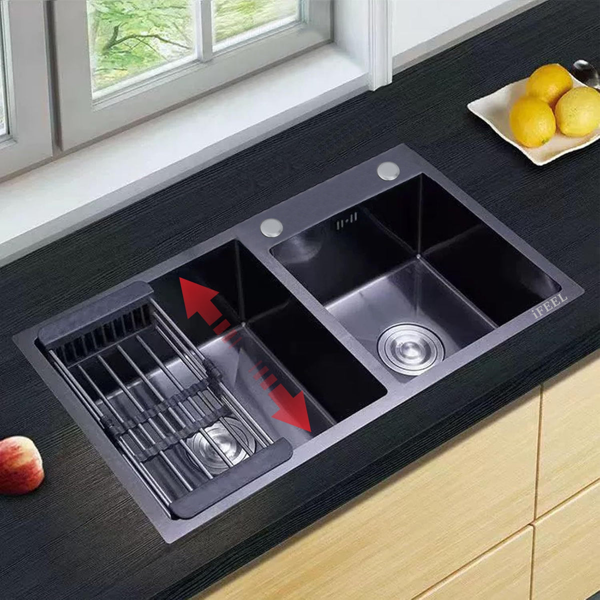 Double Bowl Kitchen Sink with Downspout and Drain Basket - 82x45x22